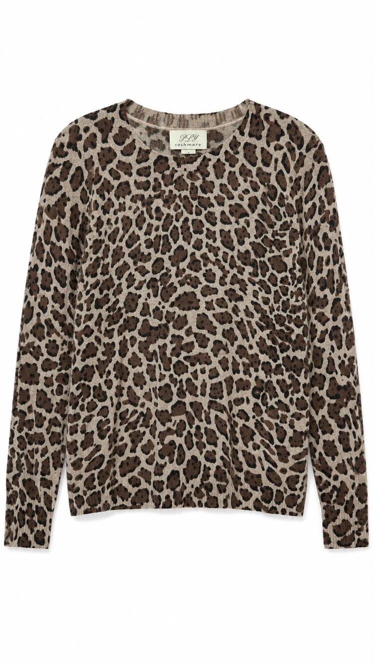 PLY Cashmere Leopard Print 100% Cashmere Crew Neck Sweater, Size M
